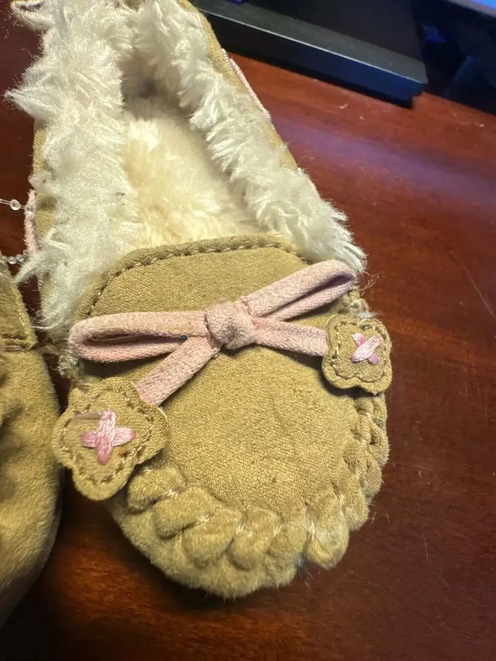 Girls Tan Faux Fur Moccasin Slippers with Pink Bow Detail